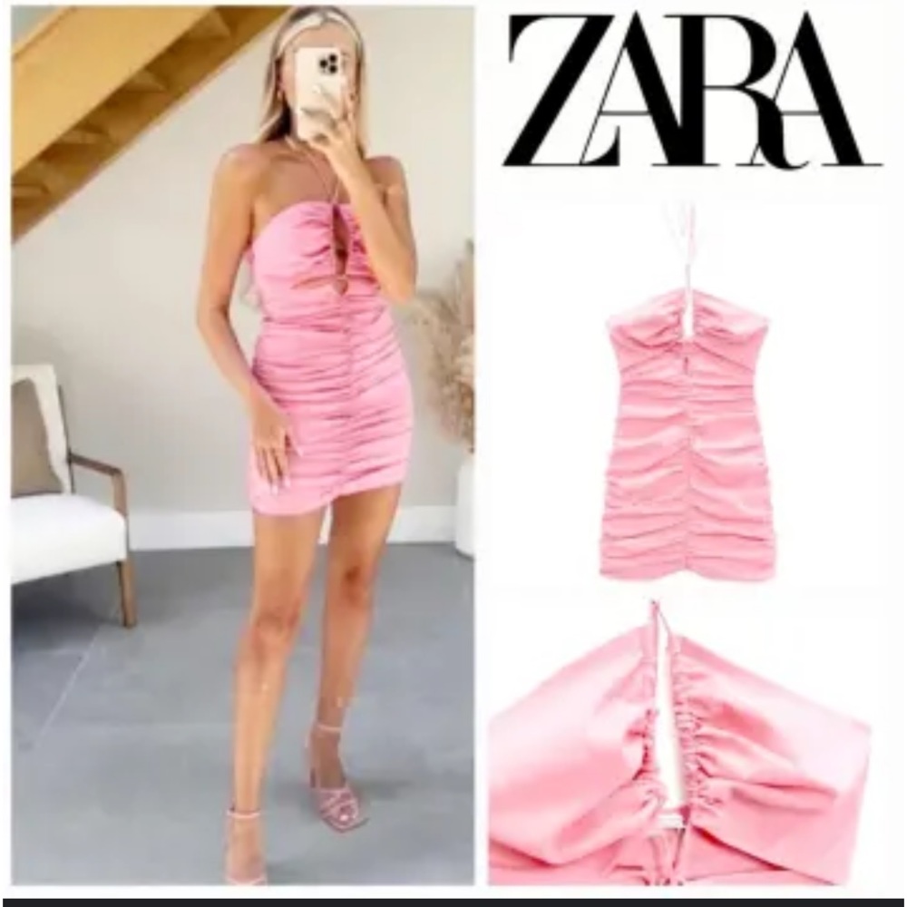New Zara ruched keyhole halter lace up bodycon mini dress pink size L